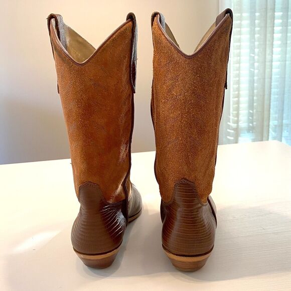 Vintage Chilis Brown‎ Suede Leather and Lizard Exotic Cowboy Boots Size 8.5 - Picture 7 of 12